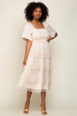 Cream Dot Smocked Ruffle Tiered Midi Dress