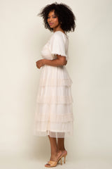 Cream Dot Smocked Ruffle Tiered Midi Dress