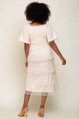 Cream Dot Smocked Ruffle Tiered Midi Dress