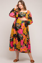 Black Floral Long Sleeve Maternity Plus Midi Dress