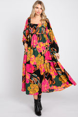 Black Floral Long Sleeve Maternity Midi Dress