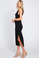 Black Sleeveless Ribbed Maternity Midi Dress