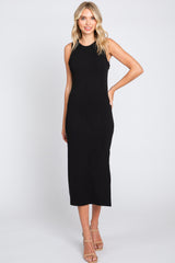 Black Sleeveless Ribbed Midi Dress