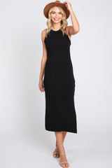 Black Sleeveless Ribbed Midi Dress