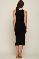 Black Sleeveless Ribbed Maternity Midi Dress