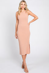 Peach Sleeveless Ribbed Maternity Midi Dress