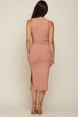 Peach Sleeveless Ribbed Maternity Midi Dress