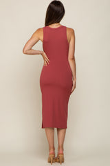 Burgundy Sleeveless Ribbed Maternity Midi Dress