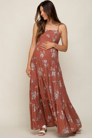 Rust Floral Square Neck Tierde Maternity Maxi Dress