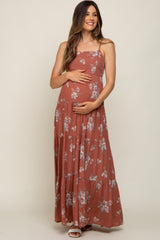 Rust Floral Square Neck Tierde Maternity Maxi Dress