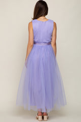 Lavender Wrap V-Neck Waist Tie Tulle Maternity Midi Dress