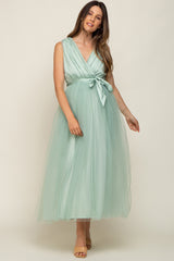 Mint Green Wrap V-Neck Waist Tie Tulle Maternity Midi Dress