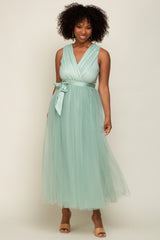 Mint Green Wrap V-Neck Waist Tie Tulle Midi Dress