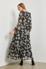 Black Floral Front Button Tiered Maxi Dress