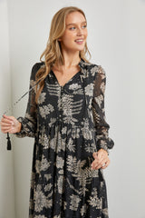 Black Floral Front Button Tiered Maxi Dress