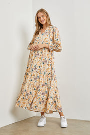 Cream Floral 3/4 Sleeve Tiered Midi Dress