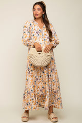 Cream Floral 3/4 Sleeve Tiered Maternity Midi Dress