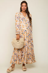 Cream Floral 3/4 Sleeve Tiered Maternity Midi Dress