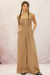 Mocha Smocked Button Accent Linen Jumpsuit