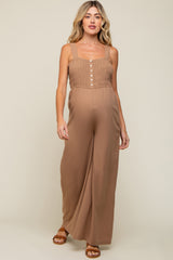 Mocha Smocked Button Accent Linen Maternity Jumpsuit