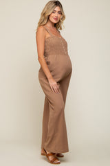 Mocha Smocked Button Accent Linen Maternity Jumpsuit