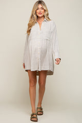 Beige Striped Button Down Maternity Shirt Dress