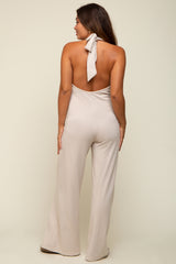 Beige Halter Front Pocket Knit Maternity Jumpsuit