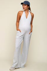 Heather Grey Halter Front Pocket Knit Maternity Jumpsuit