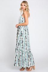 Blue Floral Striped Square Neck Maxi Dress