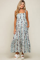 Blue Floral Striped Square Neck Maternity Maxi Dress