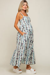 Blue Floral Striped Square Neck Maternity Maxi Dress