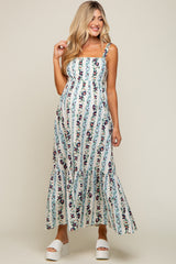 Blue Floral Striped Square Neck Maternity Maxi Dress