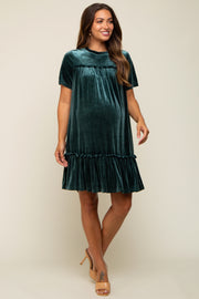 Dark Jade Ruffle Accent Velvet Maternity Dress