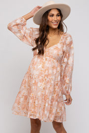 Peach Floral Long Sleeve Tiered Maternity Dress