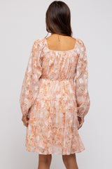 Peach Floral Long Sleeve Tiered Maternity Dress