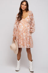 Peach Floral Long Sleeve Tiered Maternity Dress