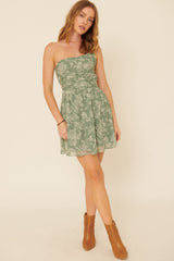 Green Floral Swiss Dot Chiffon One Shoulder Mini Dress