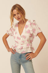 Blush Floral Swiss Dot Surplice Ruffled Peplum Top