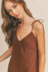 Brown Satin Cami Tie Strap Mini Dress