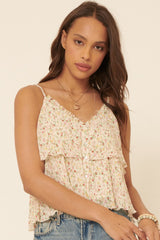 Cream Floral Sweetheart Flounce Ruffle Camisole Top