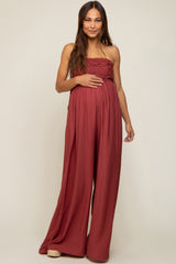 Burgundy Lace Strapless Maternity Wide Leg Jumpsuit