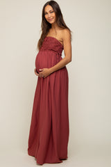 Burgundy Lace Strapless Maternity Wide Leg Jumpsuit