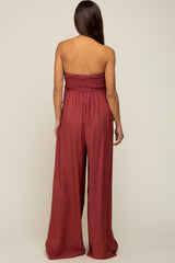 Burgundy Lace Strapless Maternity Wide Leg Jumpsuit