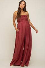 Burgundy Lace Strapless Maternity Wide Leg Jumpsuit