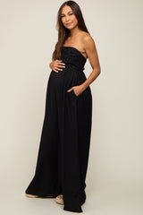 Black Lace Strapless Maternity Wide Leg Jumpsuit