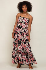 Black Floral Square Neck Tiered Maternity Maxi Dress