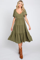 Olive Tiered Criss Cross Back Maternity Midi Dress