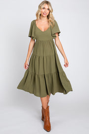 Olive Tiered Criss Cross Back Midi Dress