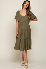 Olive Tiered Criss Cross Back Maternity Midi Dress