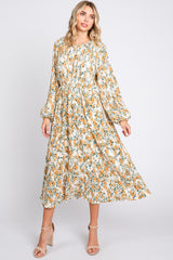 Cream Floral Plisse Long Sleeve Dress